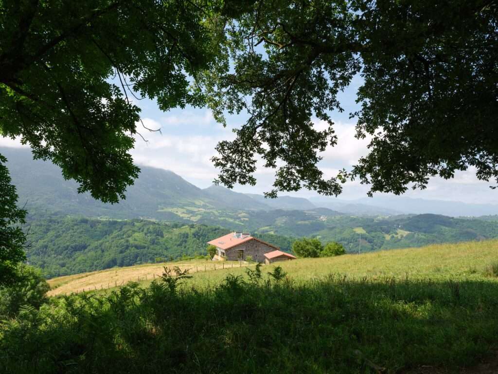 Distant landscape view of Casa Basque House nestled on a lush green hillside valley under a blue sky, framed by overhanging tree branches.
