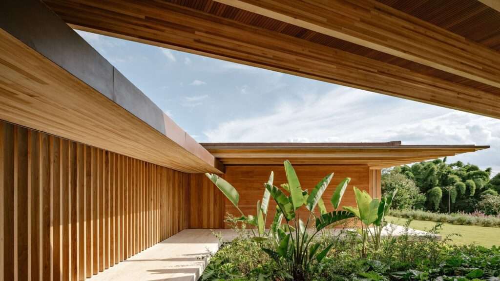 Architectural detail of AMS House featuring a slatted timber wall cladding, travertine walkway, structural rammed earth wall, and green tropical plants under a clear sky.