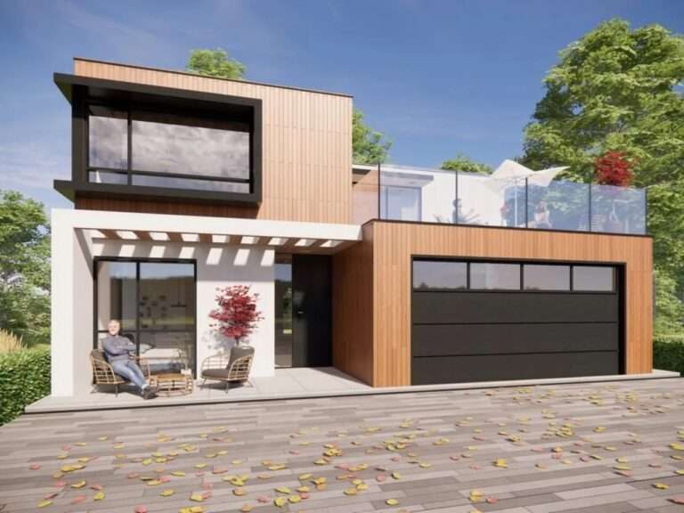 A modern two-story modular home with light wood cladding, white plaster finishes, a black-framed garage door, and a spacious balcony with glass railings, showcasing standard daily residential use.