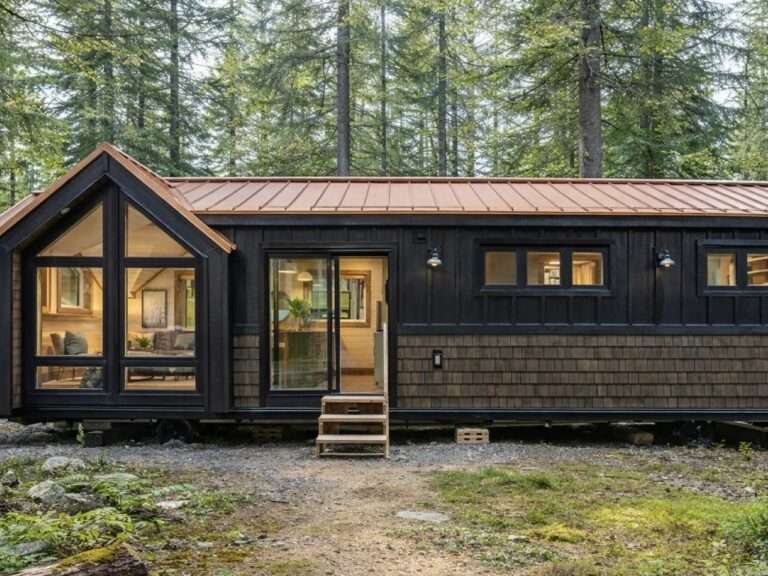 Modern mountain cabin-style tiny home exterior with dark engineered wood cladding, cedar shingles, a copper-toned metal roof, and large front-facing A-frame windows nestled in a forest setting.