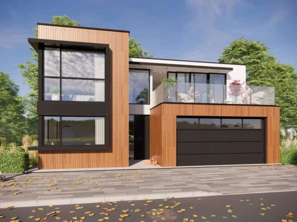 Exterior front perspective of the Safe Haven two-story modern house showing wood-paneled walls, large glass windows, a garage, and a second-floor terrace on a sunny day.