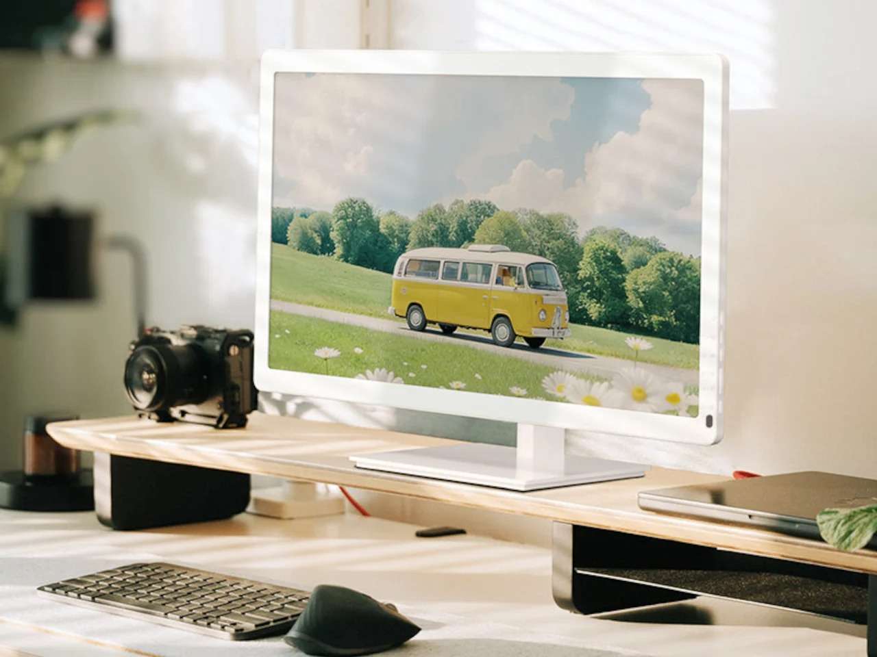 Bigme B251 Pro 25.3-inch E Ink color monitor displaying a vibrant landscape on a desk setup.