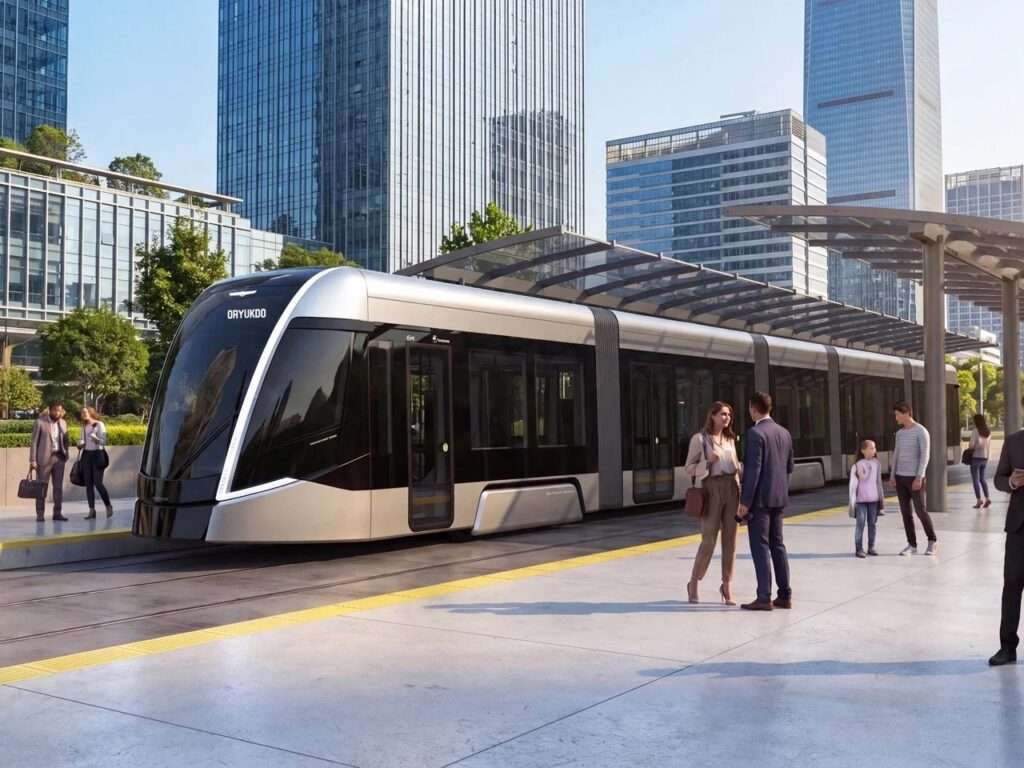 Low floor modern Oryukdo tram stopped at an open-air urban transit station with passengers waiting on the platform under a glass canopy roof.
