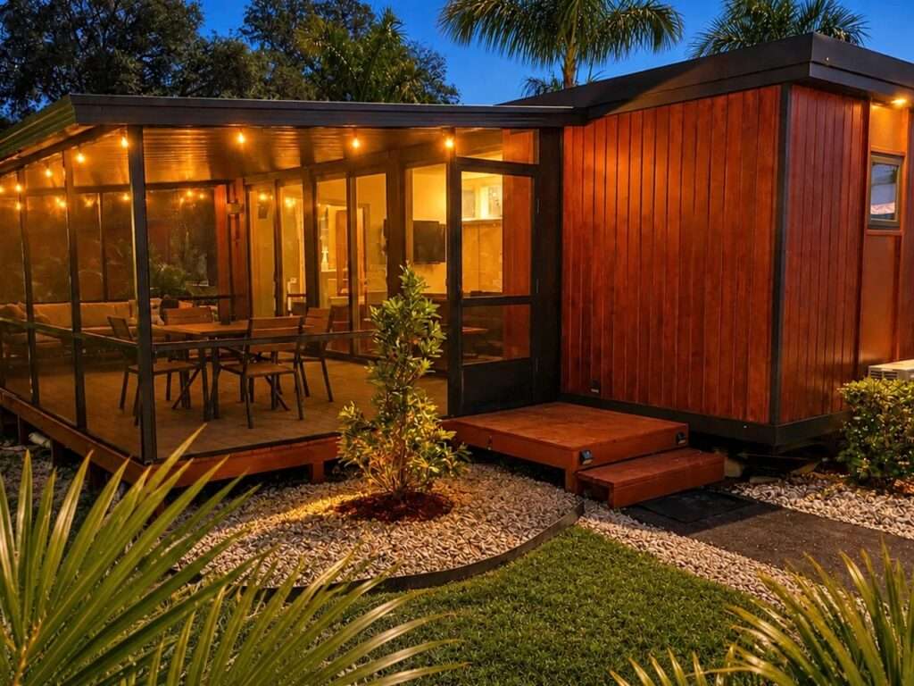Exterior night view of the N2 House by Yanko Design, showing warm LED string lights on a wooden deck with a dining area, and the wood-clad tiny home exterior.