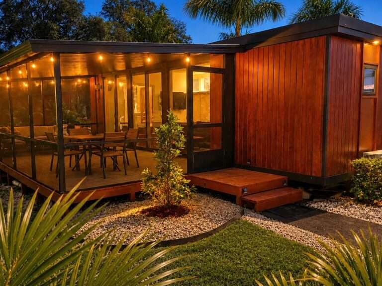 Exterior night view of the N2 House by Yanko Design, showing warm LED string lights on a wooden deck with a dining area, and the wood-clad tiny home exterior.