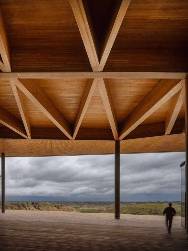 Interior view of the wooden structural ceiling and a person walking on a deck overlooking the Badlands.