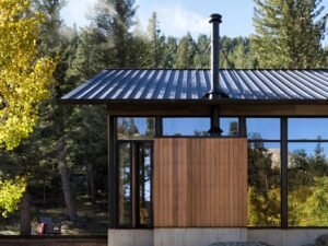 Exterior close-up of a modern mountain cabin showing ironwood timber cladding, a black metal sloped roof, a central chimney, and large glass windows reflecting autumn trees.