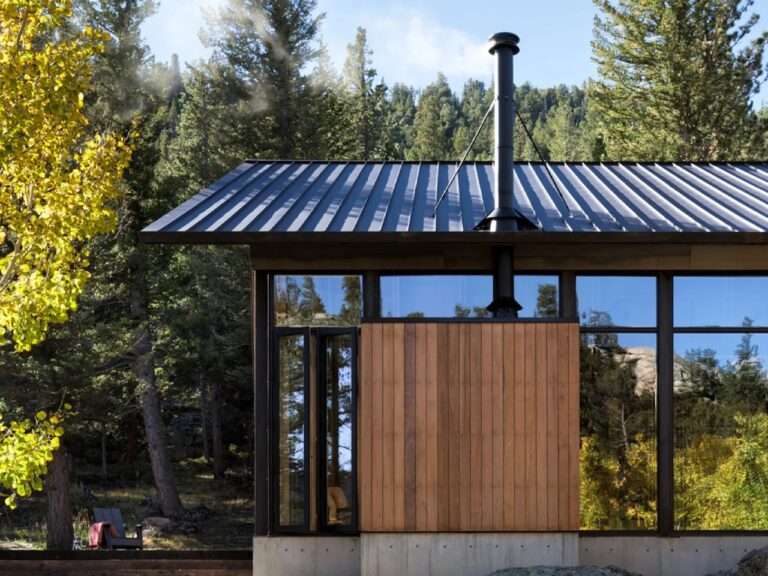 Exterior close-up of a modern mountain cabin showing ironwood timber cladding, a black metal sloped roof, a central chimney, and large glass windows reflecting autumn trees.