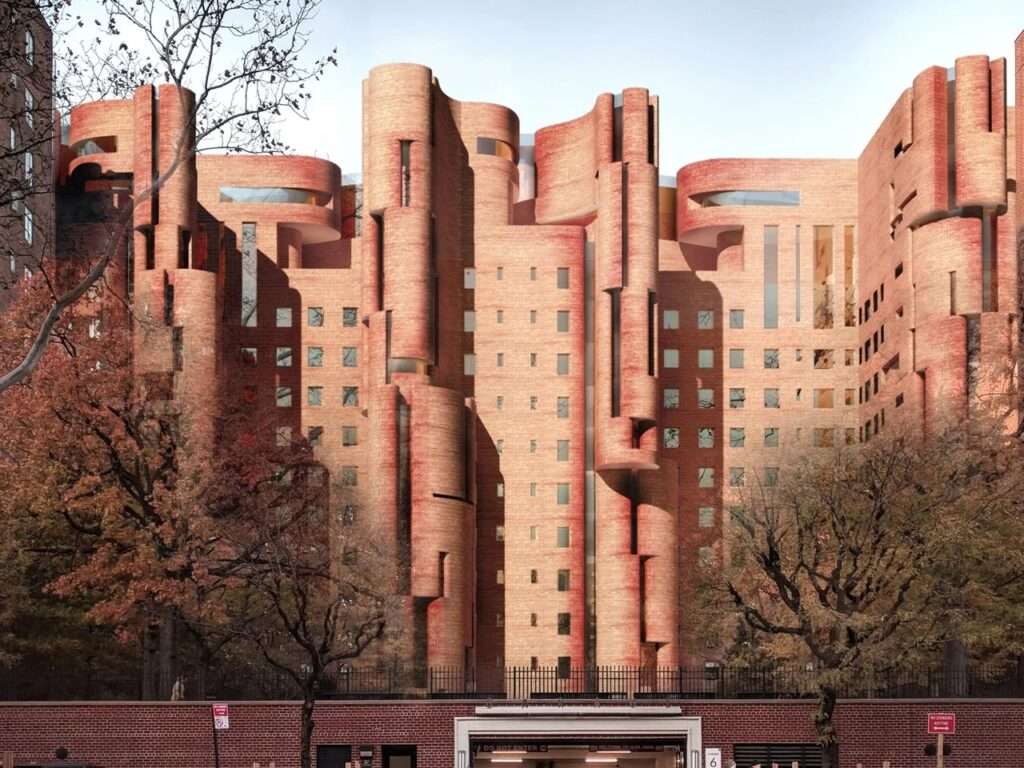 Architectural rendering of the Stuyvesant Town redevelopment showing modular brick and steel facade additions integrated into an existing multi-story residential building block.