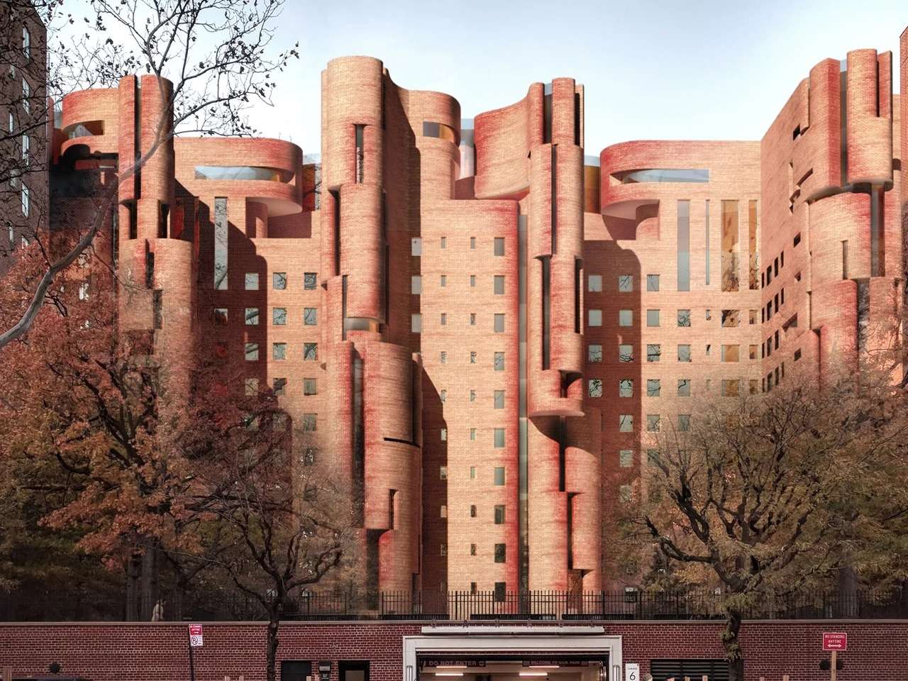 Architectural rendering of the Stuyvesant Town redevelopment showing modular brick and steel facade additions integrated into an existing multi-story residential building block.