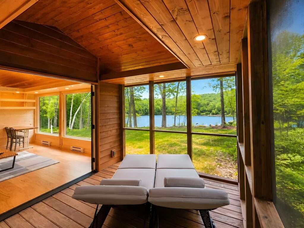 A covered wooden porch porch acting as a buffer zone inside the Shoreline tiny home, featuring two lounge chairs looking through screened walls onto a tranquil lake and forest view.