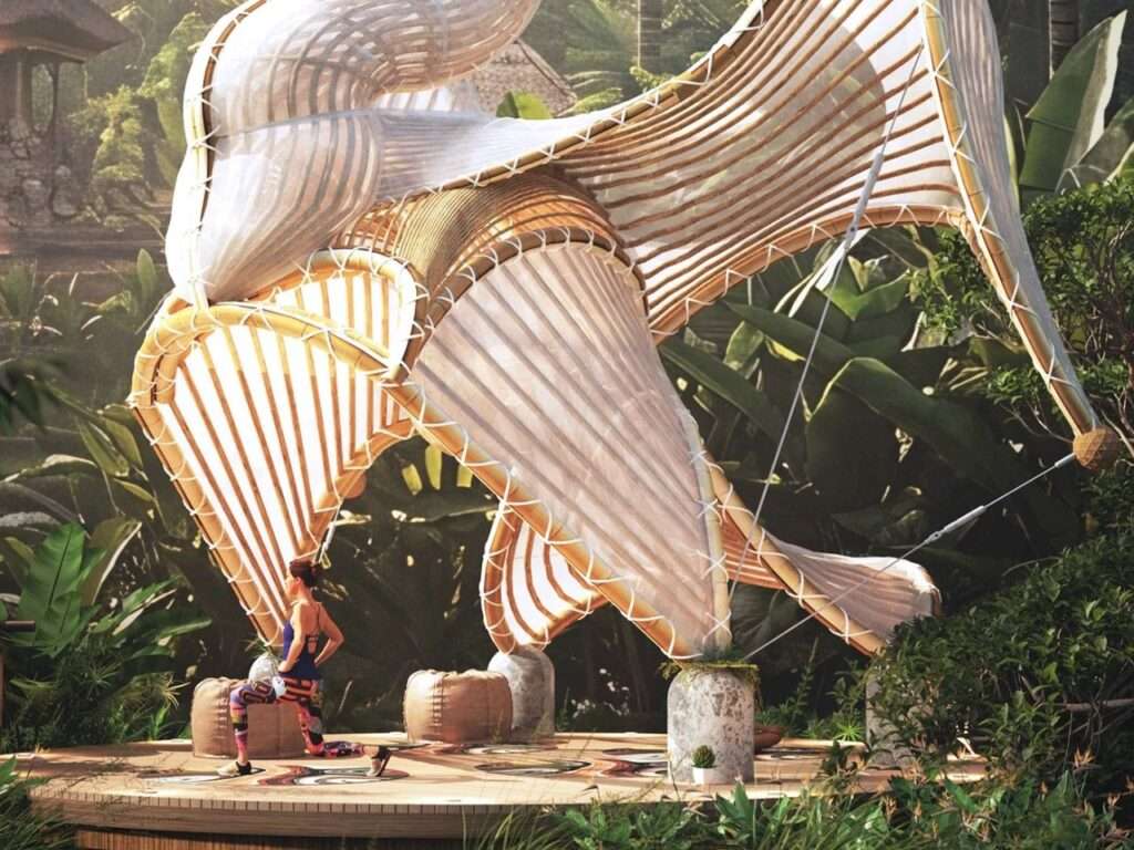 Close-up shot of a person exercising beneath the curved bamboo ribs and stretched translucent fabric canopy of the Swan Pavilion.
