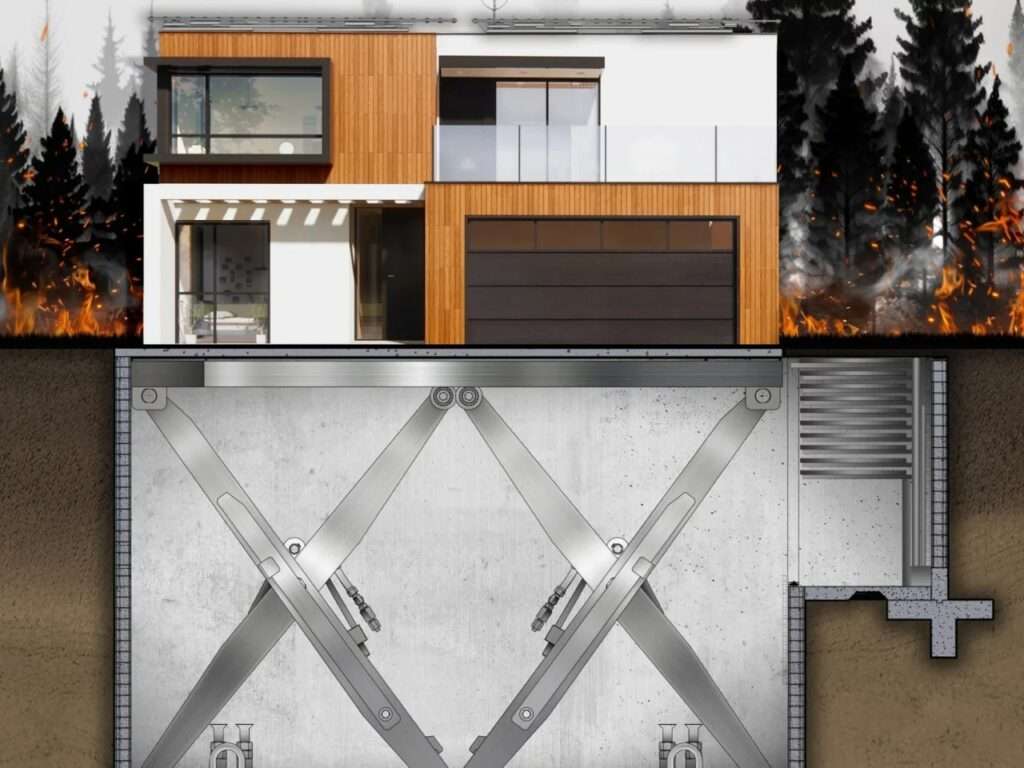 Architectural cross-section diagram of a two-story modern house positioned above a deep concrete subterranean bunker equipped with a heavy-duty steel scissor lift mechanism.