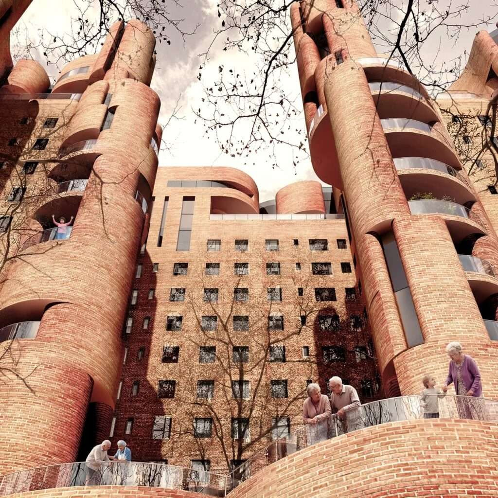 Low-angle view of curved brick residential towers with integrated balconies featuring seniors and children gathered on an open-air community terrace.