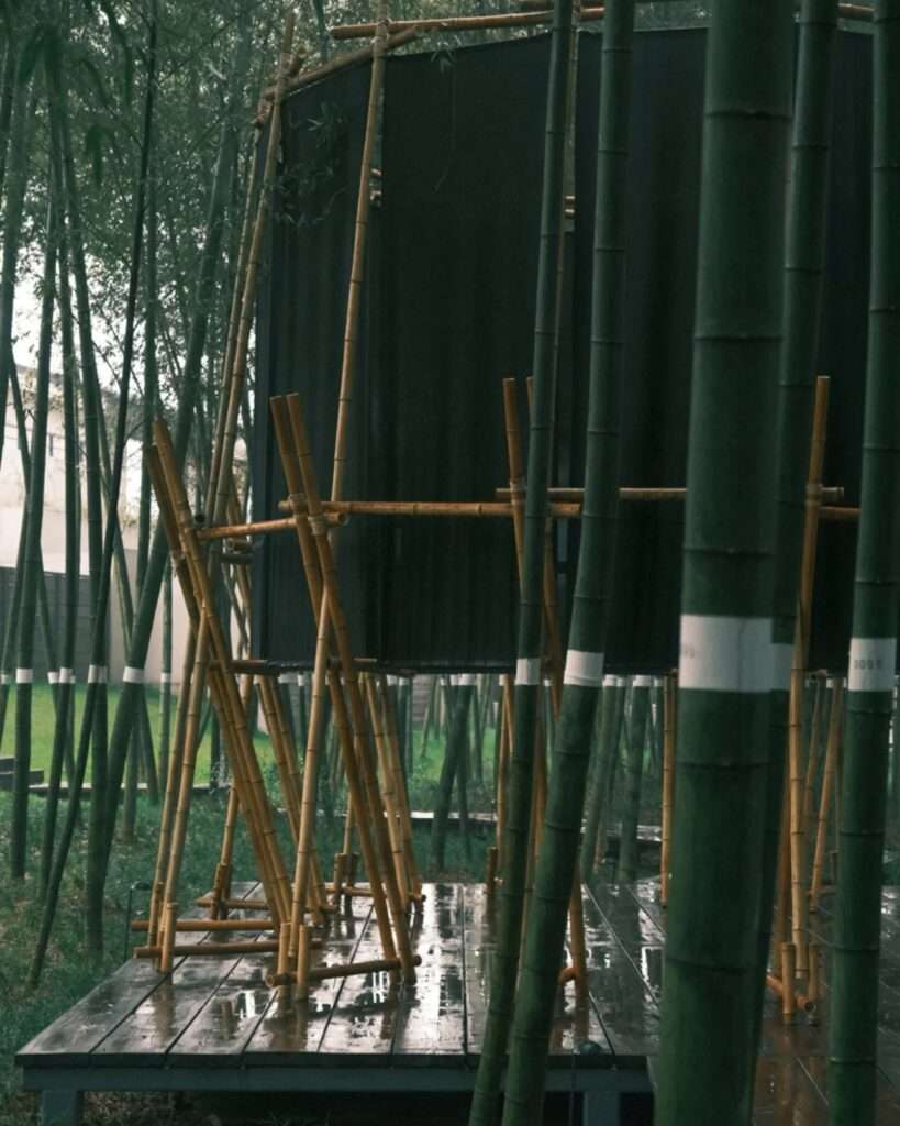 Exterior close-up of the temporary bamboo pavilion structure built on a dark, wet wooden platform surrounded by green bamboo stalks during rainfall.