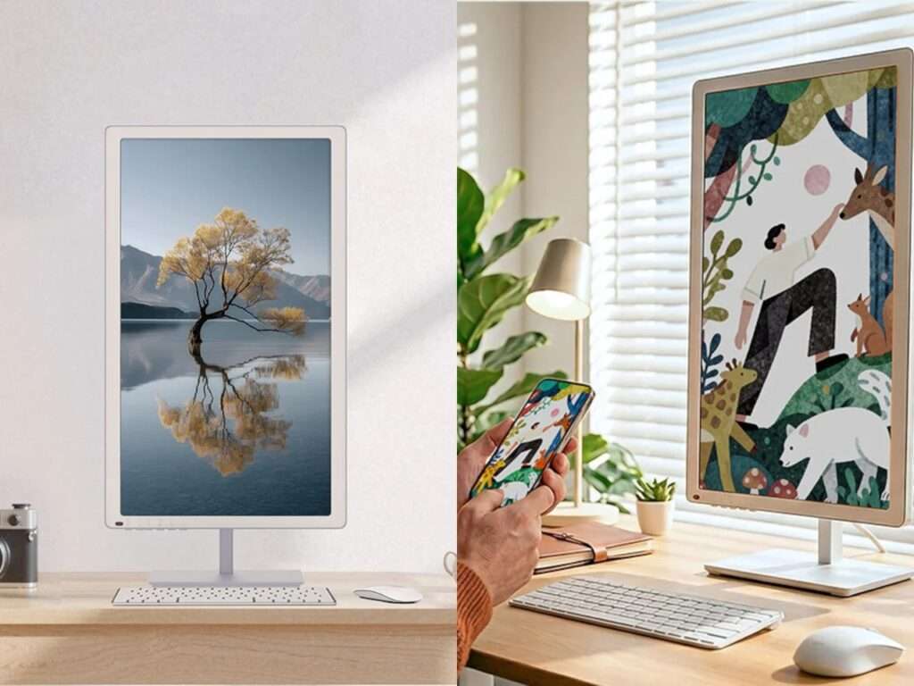 A user working with a mobile device alongside a Bigme B251 Pro monitor in portrait mode.