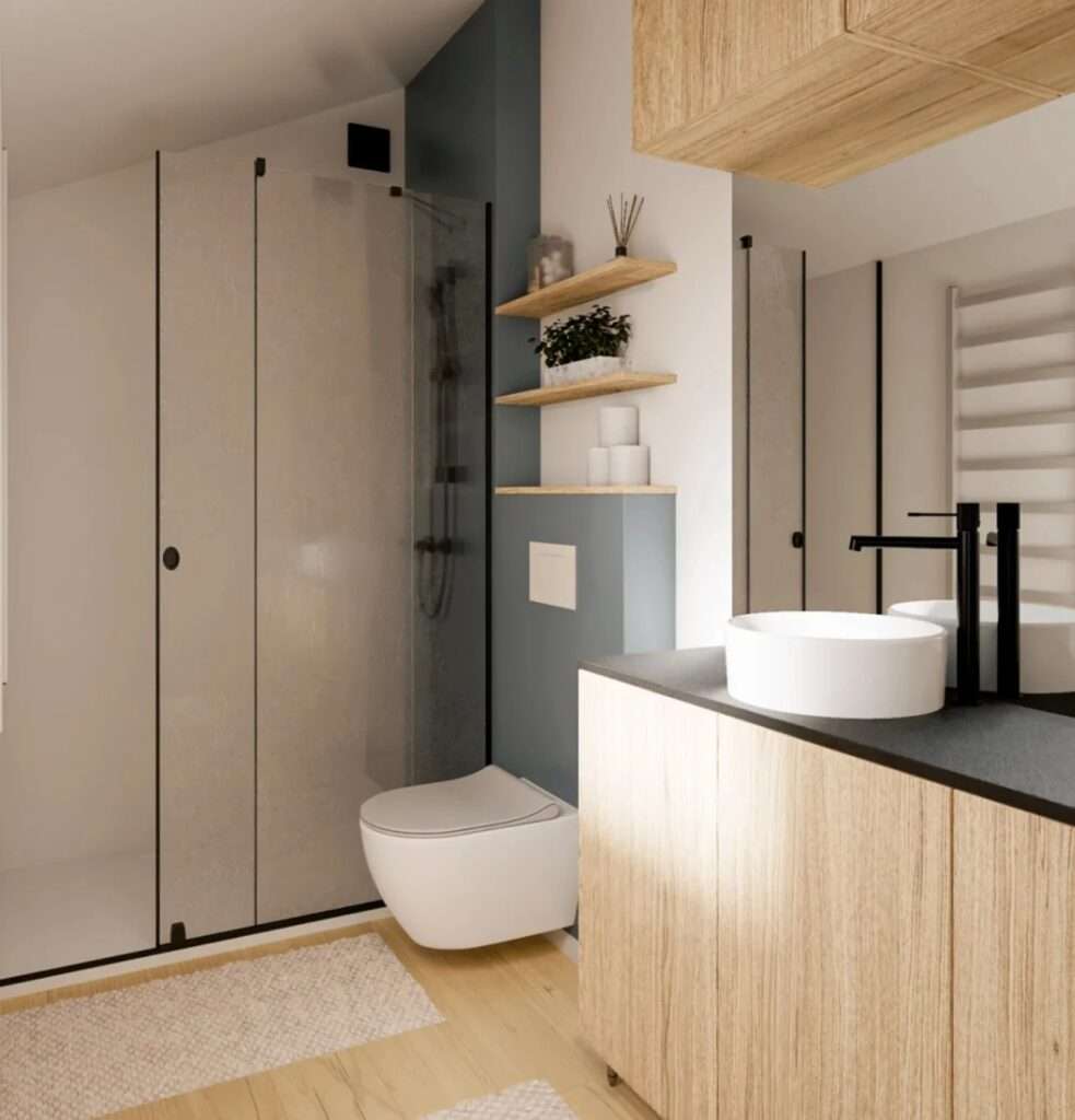 A contemporary bathroom interior with a glass walk-in shower, a white vessel sink on a wooden floating vanity with a dark countertop, a wall-mounted toilet, and wood paneling on the walls and ceiling.