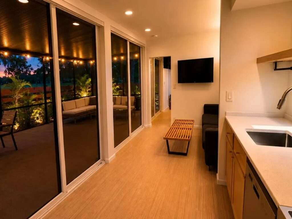 Internal view of the N2 House looking towards the kitchen and living room, with a black sofa, a modern TV, a wooden bench, and large glass sliding doors leading to a lit deck.