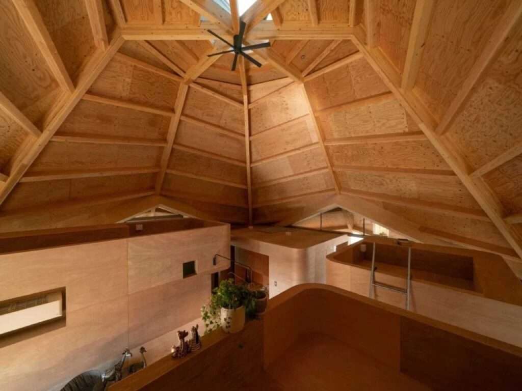 View from an upper level overlook highlighting the tops of curved plywood functional blocks beneath a high exposed wooden ceiling structure.
