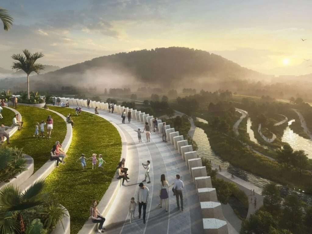 Panoramic view from the rooftop walkway of Shenzhen Natural History Museum overlooking the river and surrounding hills.