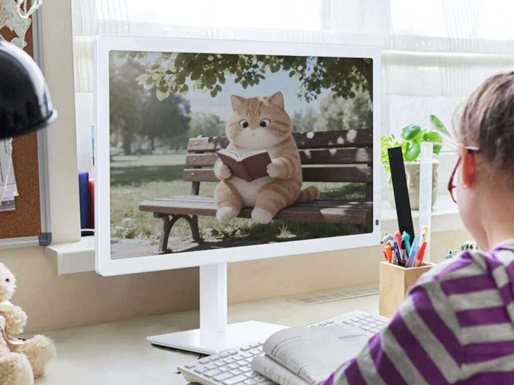 A student using a Bigme B251 Pro monitor to view educational content in a comfortable home study setting.