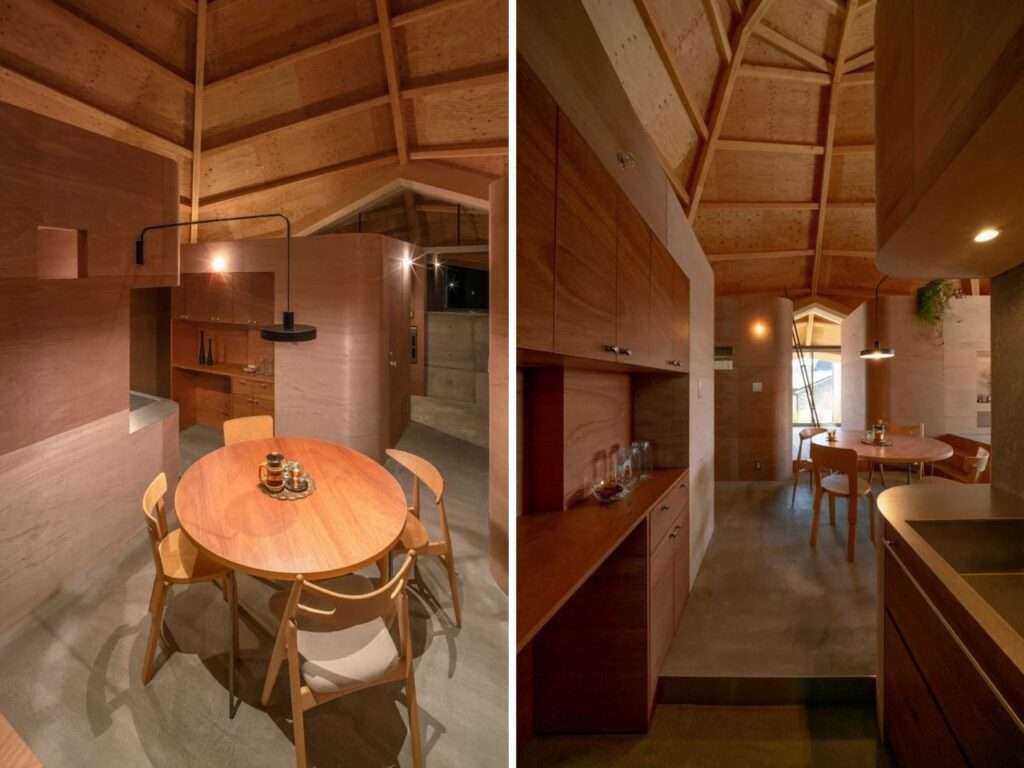 Diptych showing two views of a compact kitchen and a circular dining table set with wooden chairs under a warm light fixture.