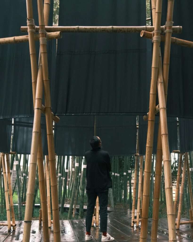 A visitor in dark clothing standing centrally on a wet wooden platform inside a bamboo pavilion, looking directly upward into the sky.