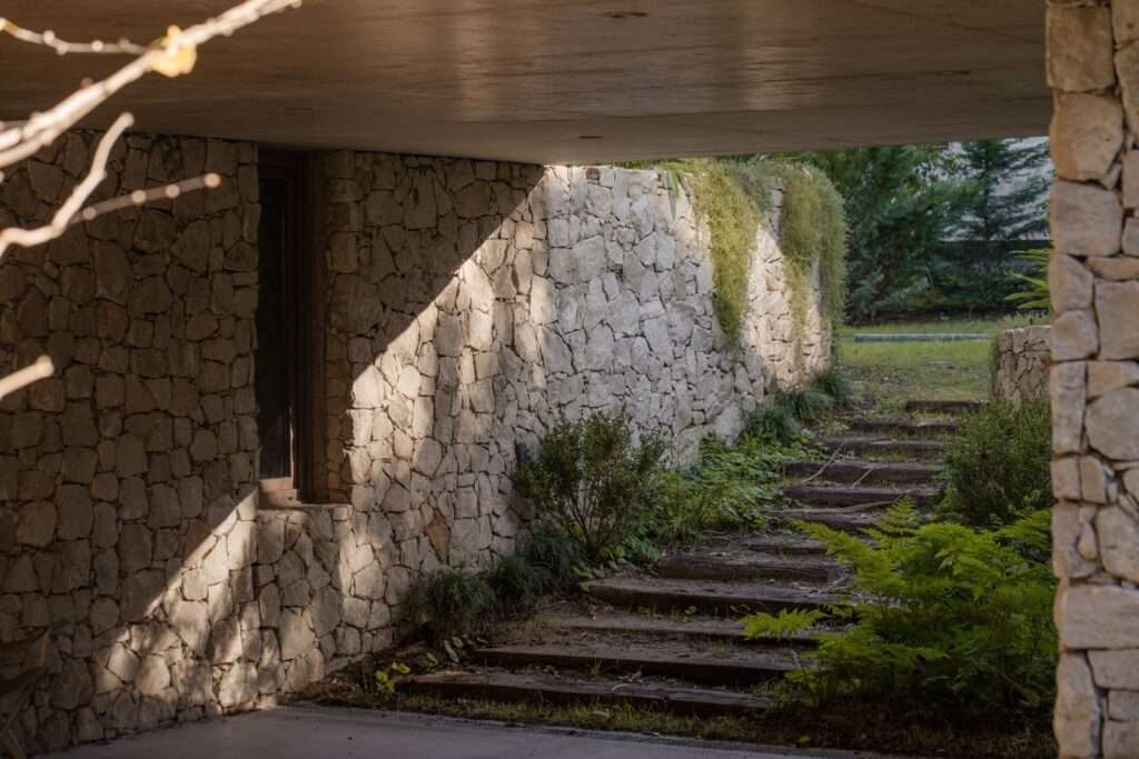 Natural stone retaining wall and rustic concrete steps leading down to a semi-sunken entryway surrounded by forest plants under a concrete overhang.