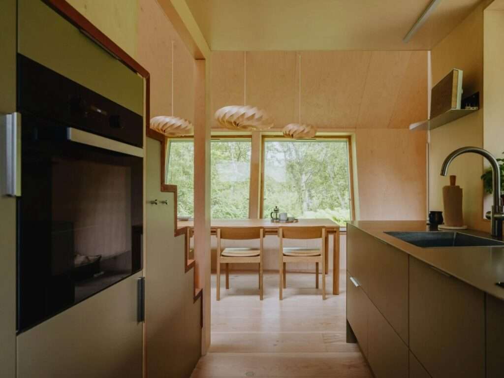 Minimalist plywood kitchen counter and built in oven looking toward a wooden dining area in EcoNeo.