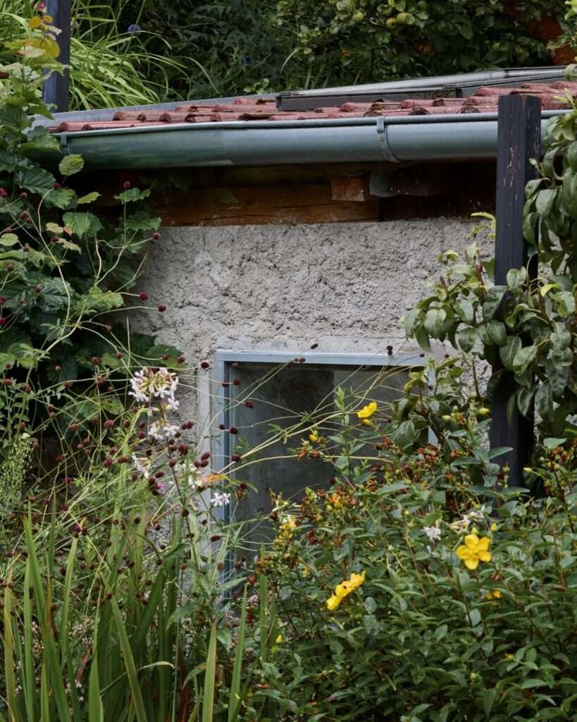 Ground-level detail of a square window set into a textured wall, surrounded by garden flowers and topped with red roof tiles.