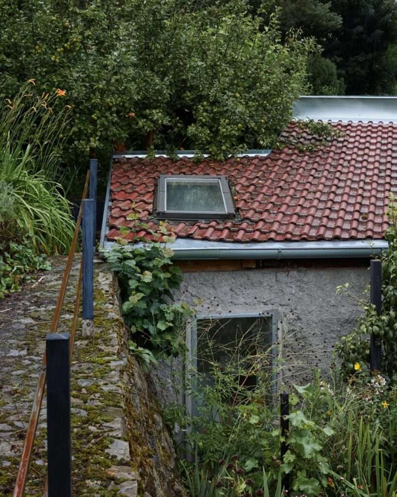 High-angle shot of a moss-covered stone retaining wall leading down to an adaptive reuse house with a red tiled roof and skylight.