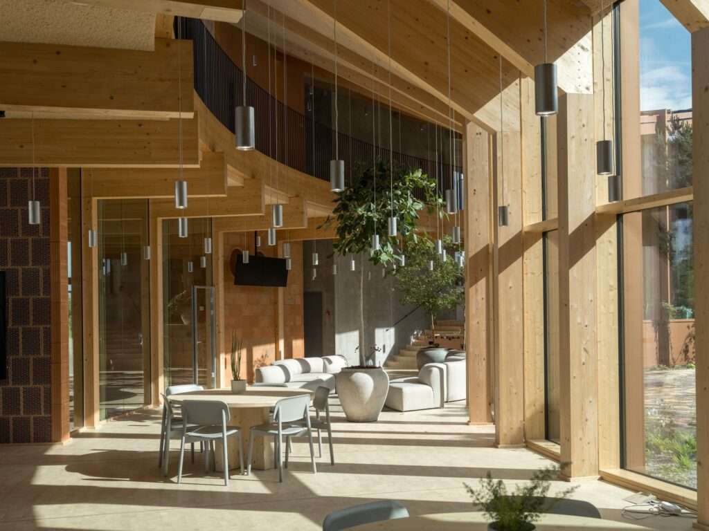 Sunlit open-plan office lounge at Dymak HQ with exposed timber beams, indoor trees, and pendant lighting.