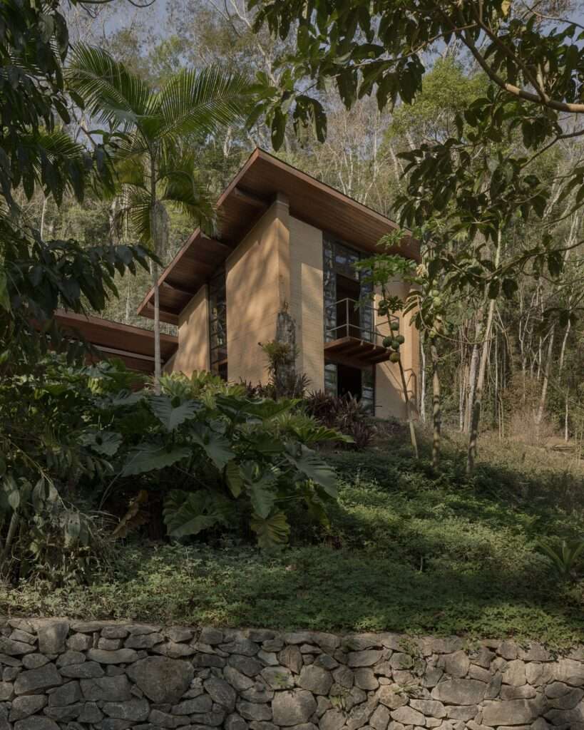 An angled exterior view looking up at the two-story volume of the Lake Cabin, surrounded by large-leaf tropical plants and a dry-stacked stone wall.