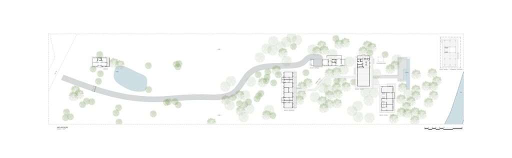 Architectural master site plan showing building block placements, access path, pond, and surrounding trees.