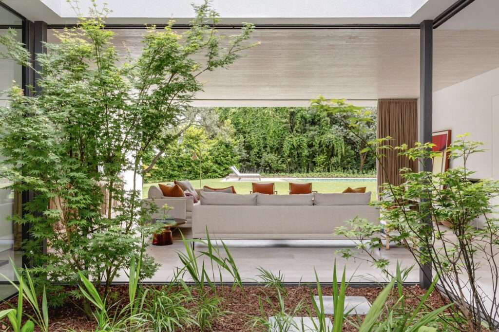 Close-up of the internal garden courtyard filled with green foliage, framed by black-framed glass sliding doors and looking out toward the main living room and backyard.