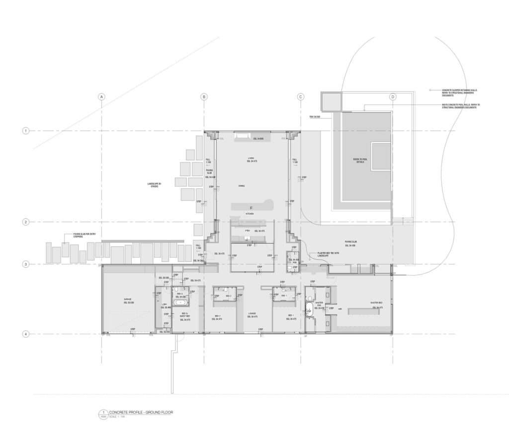 Detailed architectural ground floor plan drawing of Wildcoast House showing the T-shaped layout, bedroom wing, living space, and outdoor pool.