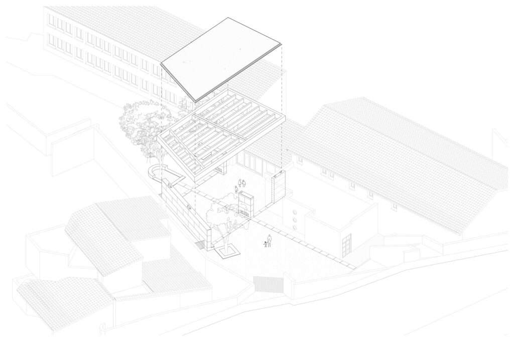 Isometric architectural drawing showing the exploded structural assembly of the wooden roof canopy, courtyard layout, and existing surroundings of the school.