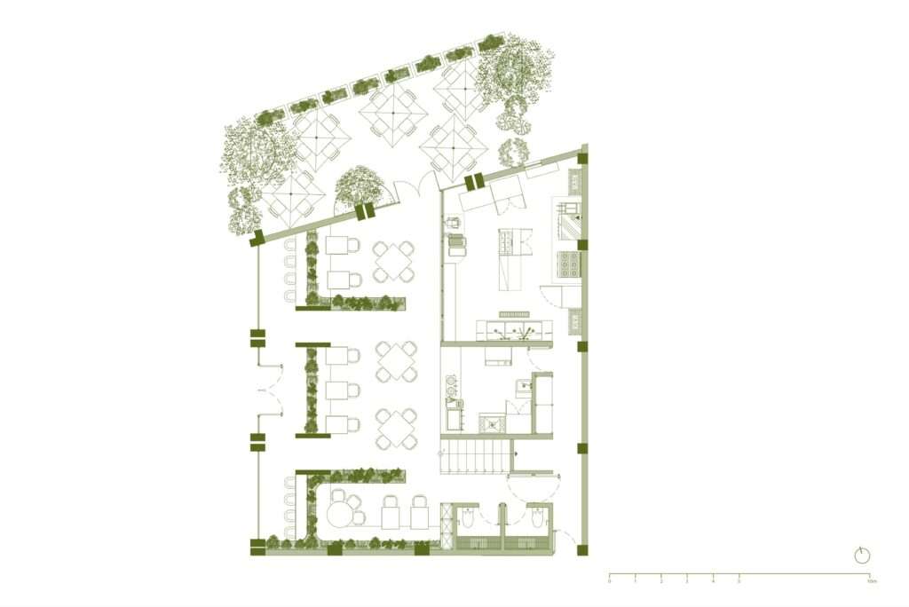 Architectural ground floor plan drawing of Mimado Restaurant displaying seating layout, kitchen area, outdoor patio, and planter placement.