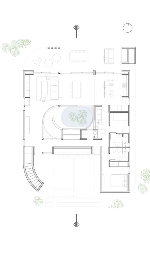 A precise architectural blueprint layout of the ground floor, detailing the open-plan living areas, private rooms, and the prominent central oval courtyard.