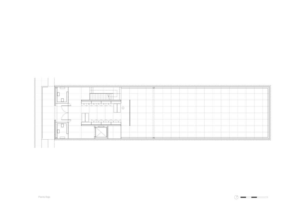 Architectural ground floor plan drawing of the Larivière Foundation, showing the long rectangular site layout with the entry lobby, library bookshelves, elevator, and the large open-plan exhibition hall.