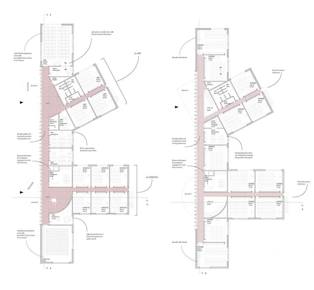 Detailed architectural floor plans of Cardinal Mercier College showing classroom layouts, lab wings, and circulation corridors.