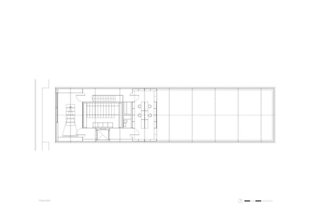 Architectural first-floor plan drawing of the Larivière Foundation, showcasing the mezzanine library bridge, the multi-purpose room overlooking the street, and the void over the main gallery.