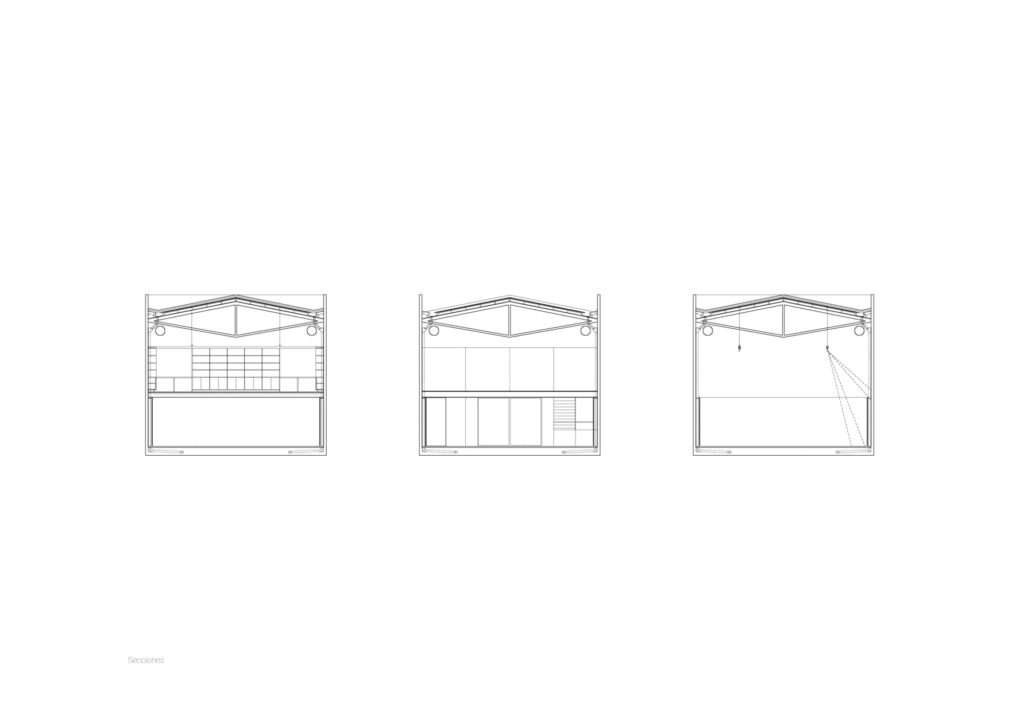 Three architectural cross-sections of the Larivière Foundation showing the gabled roof truss system, the double-height gallery, and the integrated mezzanine bookshelves.