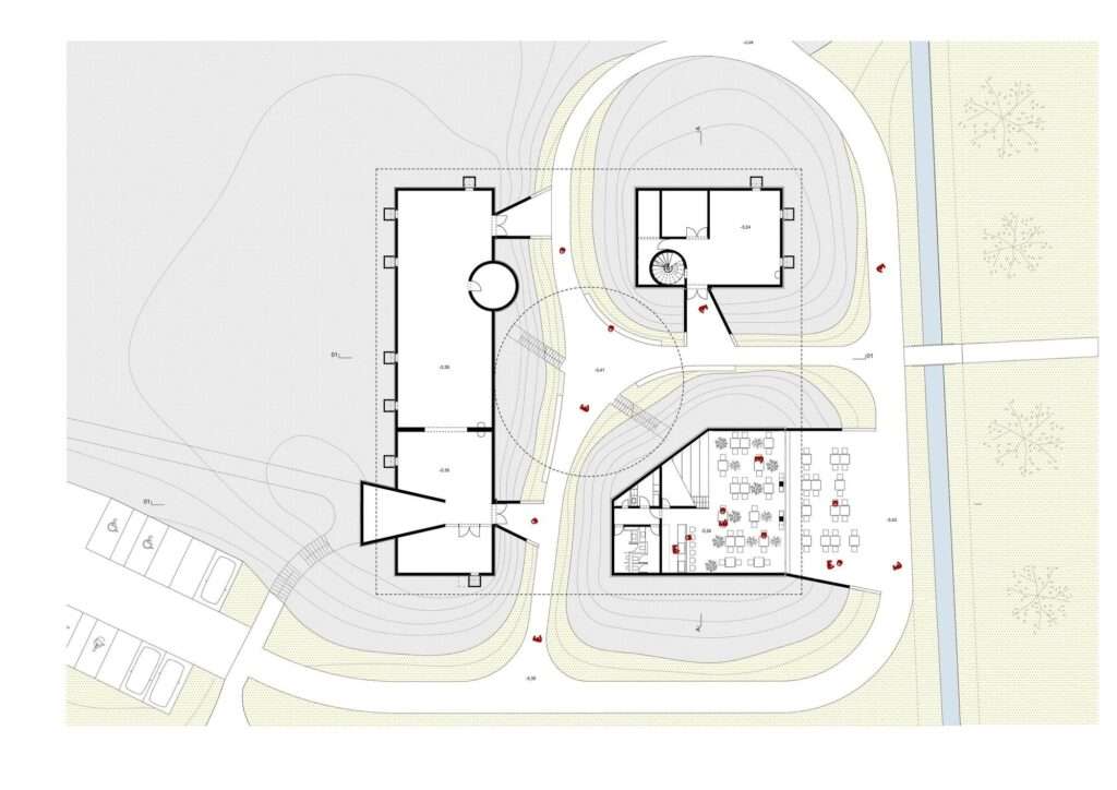 Architectural site plan drawing of the Pina Astra project showing three hill topographies, functional spaces inside mounds, and central pedestrian pathways.