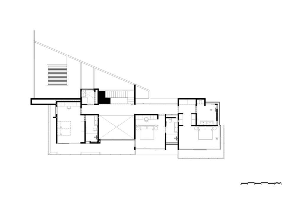 Architectural upper floor plan drawing showing bedrooms, bathrooms, and corridors of KUL Nosara.