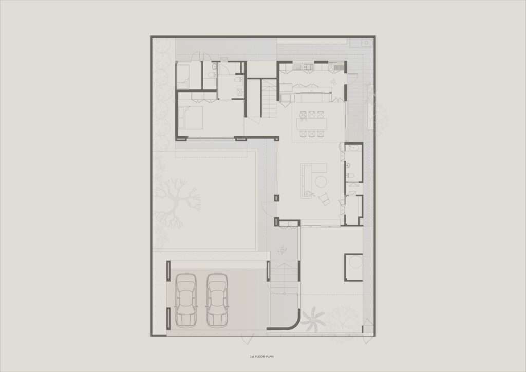 2D architectural floor plan blueprint of the first floor of JNG House, illustrating the carport, entrance layout, L-shaped courtyard garden, and open-plan living spaces.