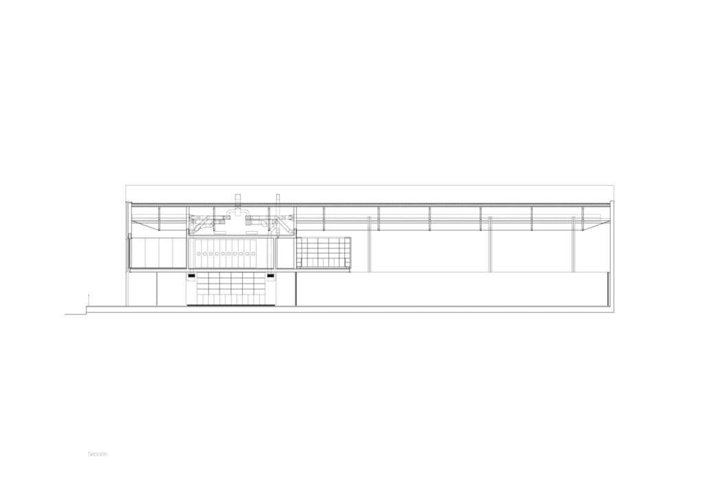 Longitudinal architectural section drawing of the Larivière Foundation, illustrating the transition from the double-height entrance and library mezzanine to the deep, high-ceilinged rear gallery.