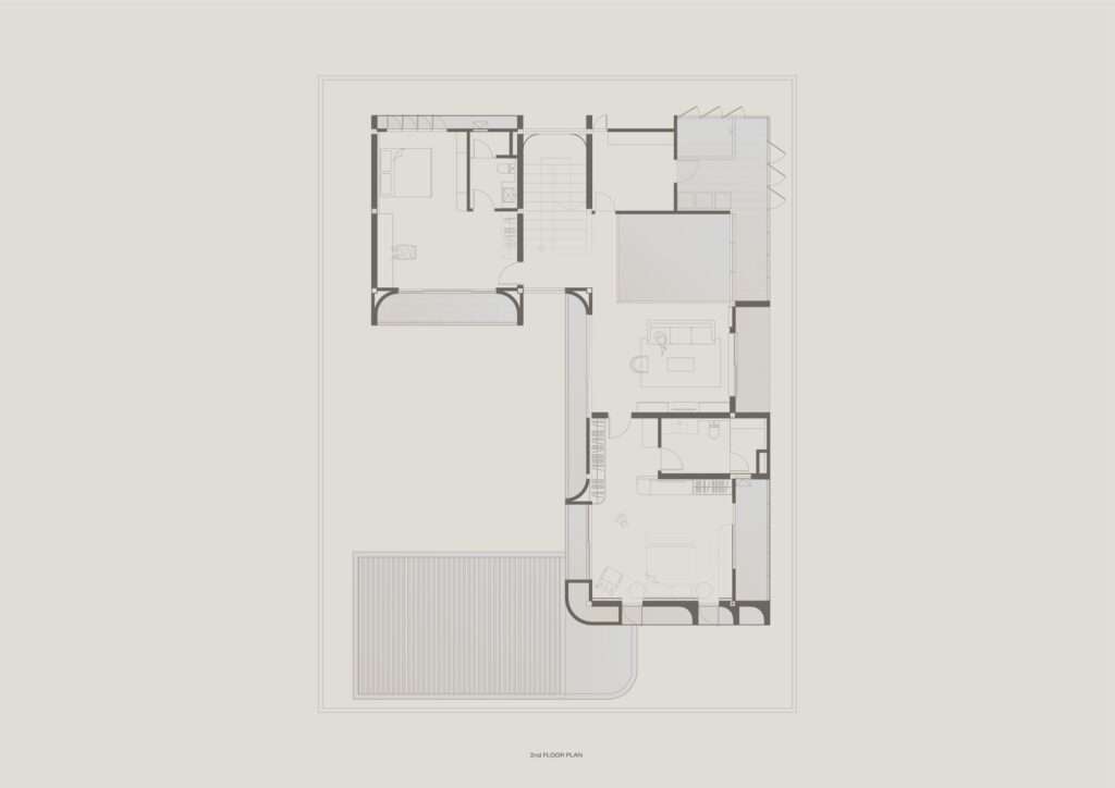 2D architectural floor plan blueprint of the second floor of JNG House, detailing private bedrooms, bathrooms, and walkways overlooking the courtyard below.