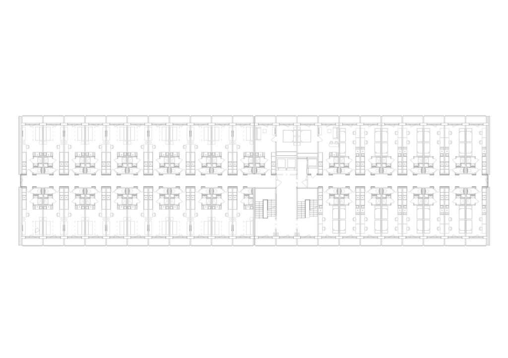 Black and white architectural typical floor plan drawing of the Terasa housing complex showing a central corridor and symmetric compact apartments.
