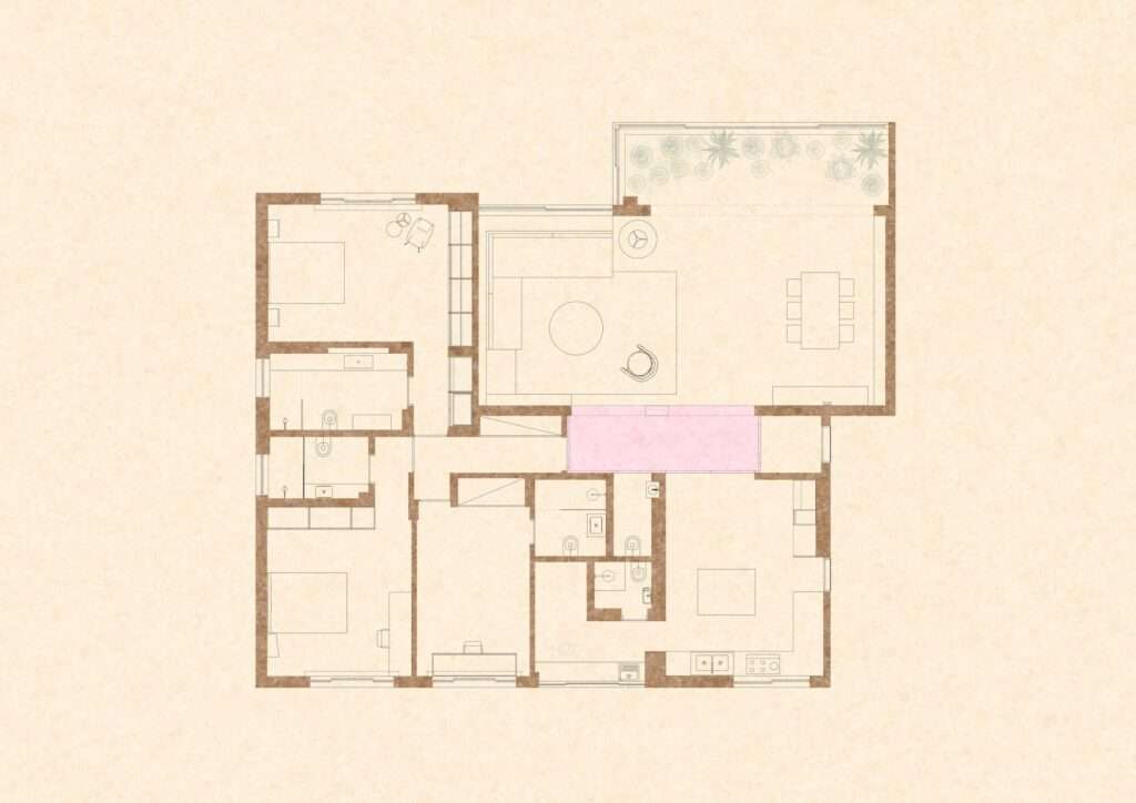 Architectural floor plan diagram of the renovated 280-square-meter apartment, highlighting the reconfigured open layout, central hallway highlighted in pink, living area, kitchen, and private bedrooms.